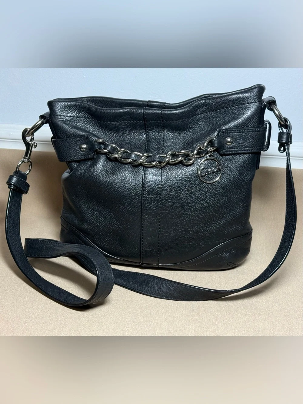 Coach Black Pebbled Leather Chain Duffle Crossbody Bag F19722